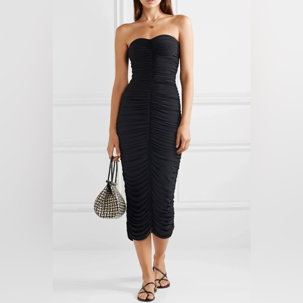 Norma Kamali Slinky Strapless Ruched Stretch-Jersey Midi Dress in Pewter